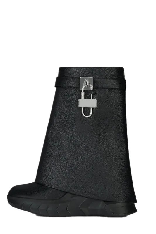 Grained Faux Leather Padlock Detail Folded Chunky Sole Biker Ankle Boots - Black sold by Floralkini