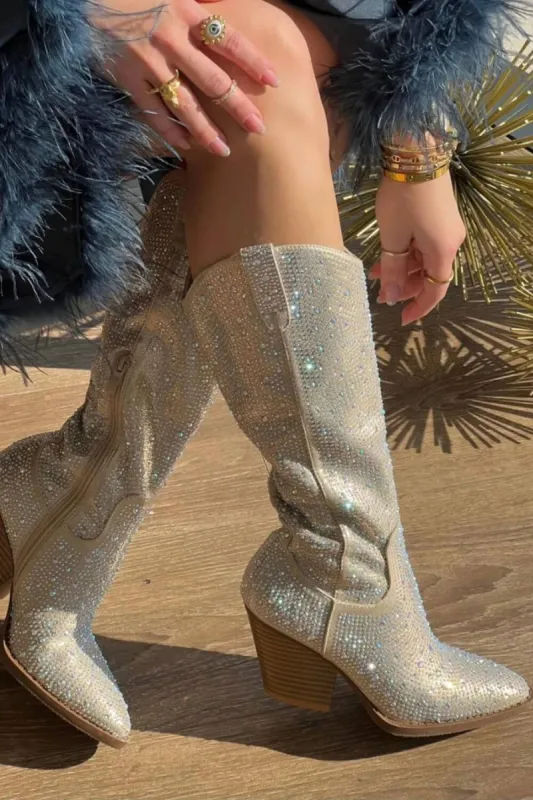 Rhinestones Embellished Western Cowboy Mid-Calf Pointed Toe Block Heeled Boots - Nude sold by Floralkini
