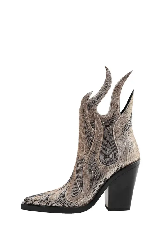 Rhinestone-Embellished Flame Mid-Calf Western Cowboy Pointed Toe Block Heeled Boots - Gold made by Floralkini