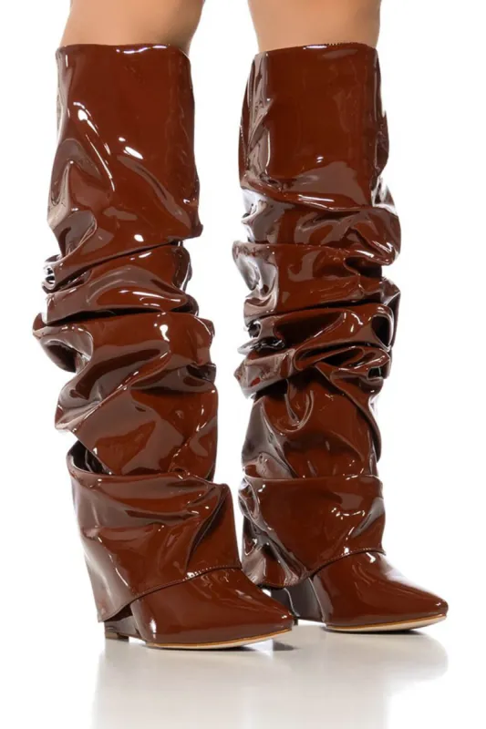 Patent Scrunched Foldover Mid Calf Wedge Heel Boots - Brown sold by Floralkini