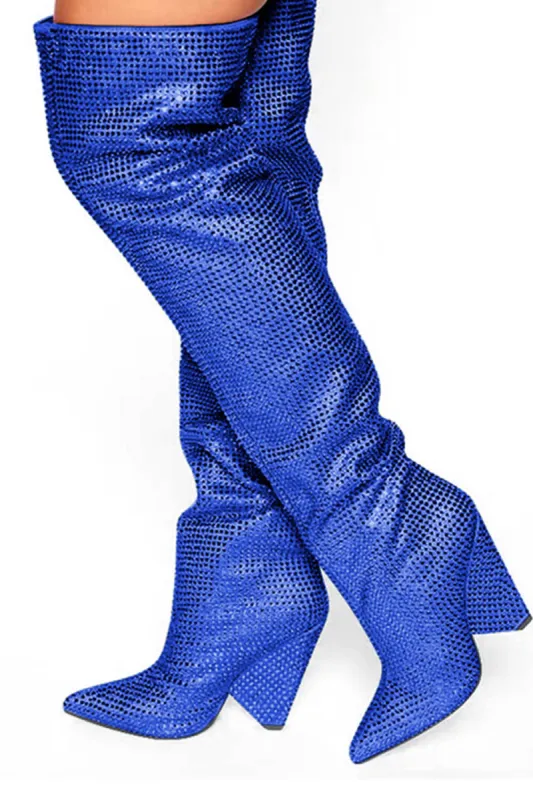 Diamante Crystal-Embellished Point Toe Over The Knee Block Heeled Boots - Blue sold by Floralkini