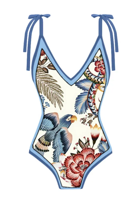 Floral & Eagle Print Plunge Tie-Shoulder One Piece Swimsuit sold by Floralkini
