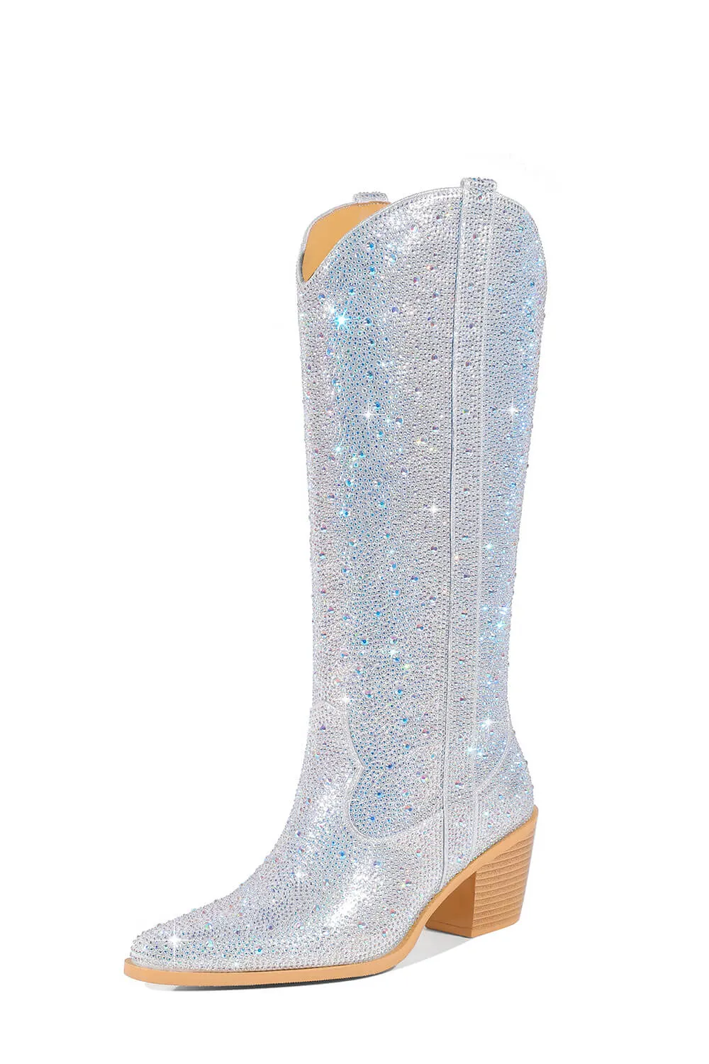 Rhinestones Embellished Western Cowboy Mid-Calf Pointed Toe Block Heeled Boots - Silver sold by Floralkini product image thumbnail 2