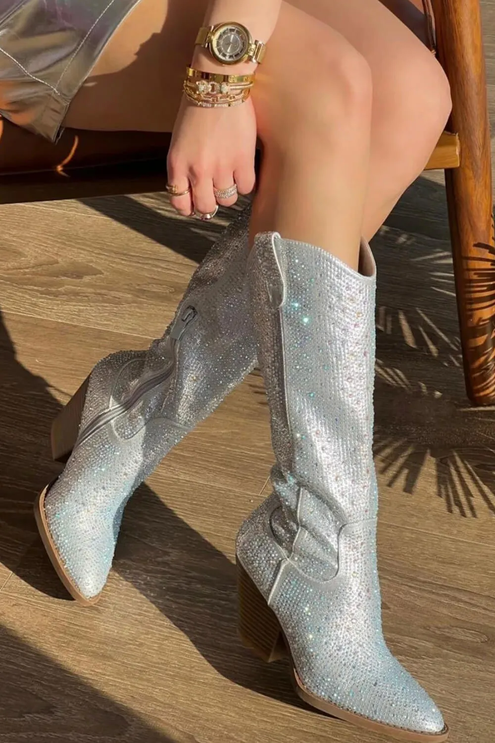 Rhinestones Embellished Western Cowboy Mid-Calf Pointed Toe Block Heeled Boots - Silver sold by Floralkini