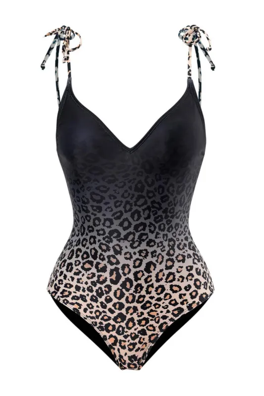 Leopard Print Plunge Tie-Shoulder One Piece Swimsuit sold by Floralkini
