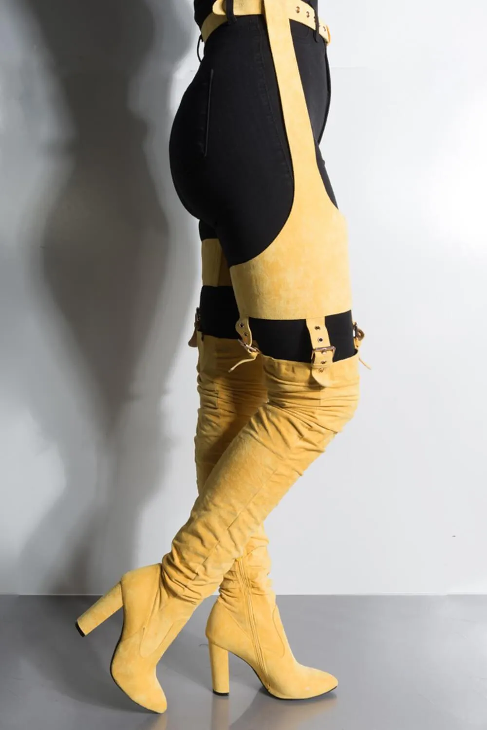 Mustard Suede Belted Thigh High Boots Parallel