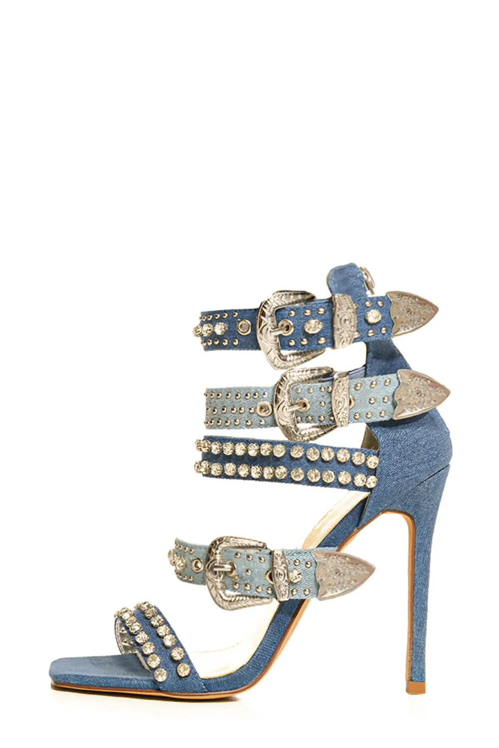 Studded Rhinestone-Embellished Buckle Gladiator Stiletto Heeled Sandal - Denim sold by Floralkini product image thumbnail 3