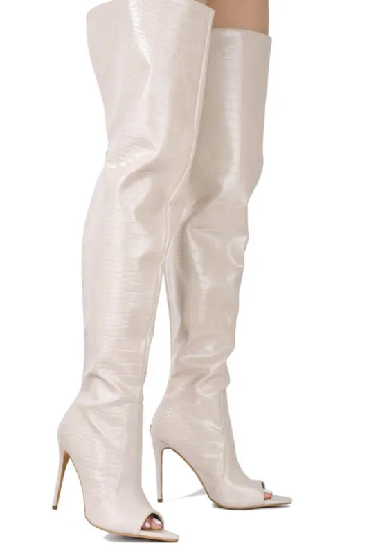 Crocodile-Effect Peep Toe Thigh High Stiletto Boots - White sold by Floralkini