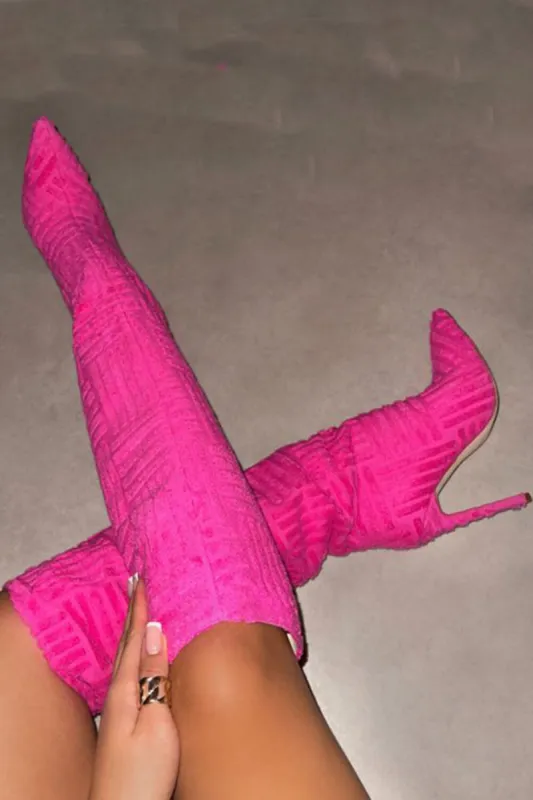 Towelling Knee High Point Toe Stiletto Boots - Hot Pink sold by Floralkini