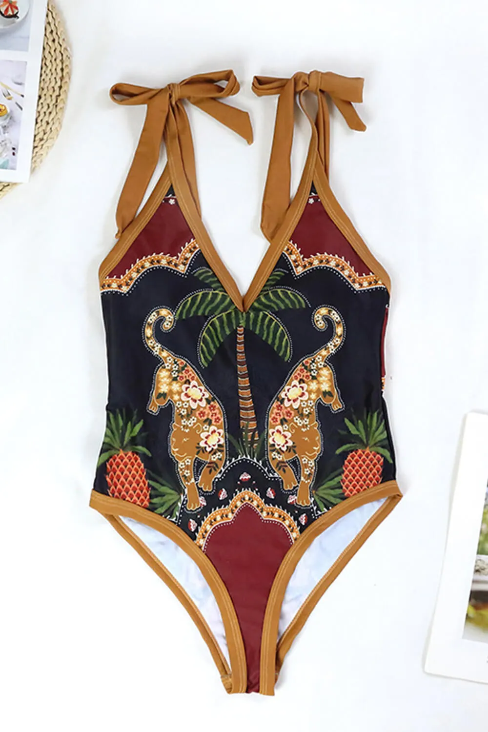 Leopard Print Plunge Tie-Shoulder One Piece Swimsuit sold by Floralkini product image thumbnail 3