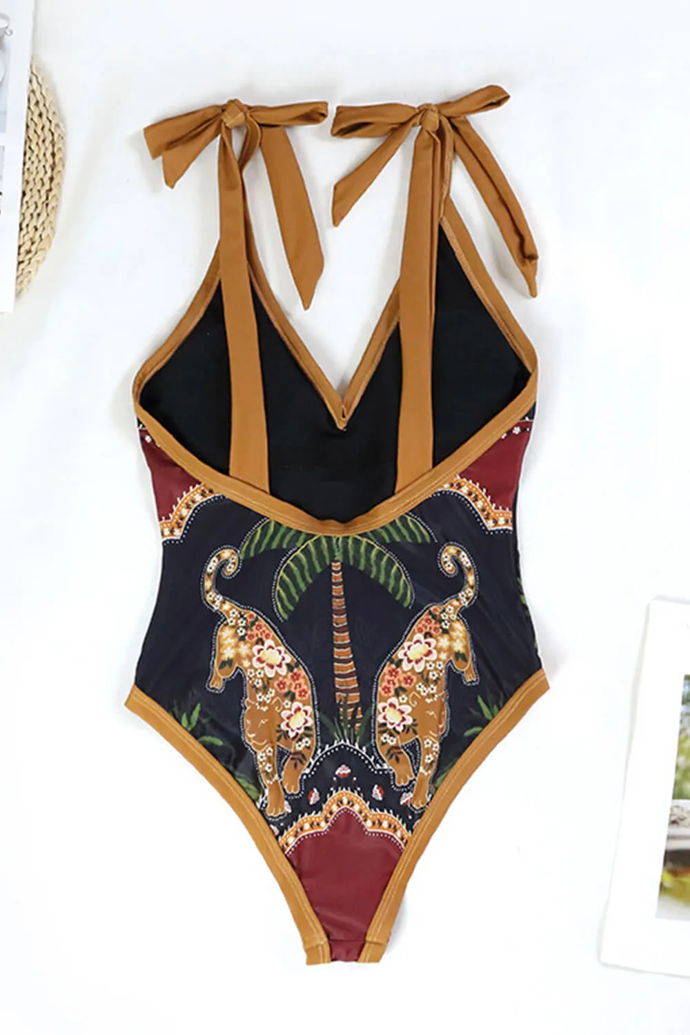 Leopard Print Plunge Tie-Shoulder One Piece Swimsuit sold by Floralkini product image thumbnail 4