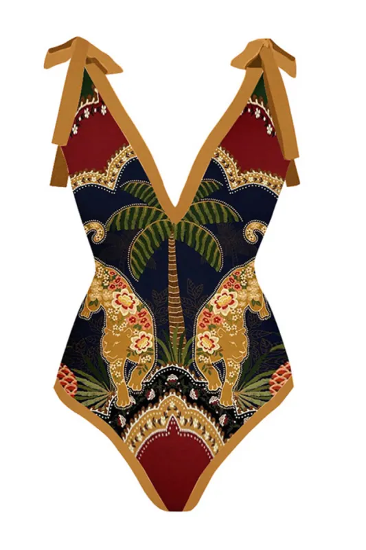 Leopard Print Plunge Tie-Shoulder One Piece Swimsuit sold by Floralkini