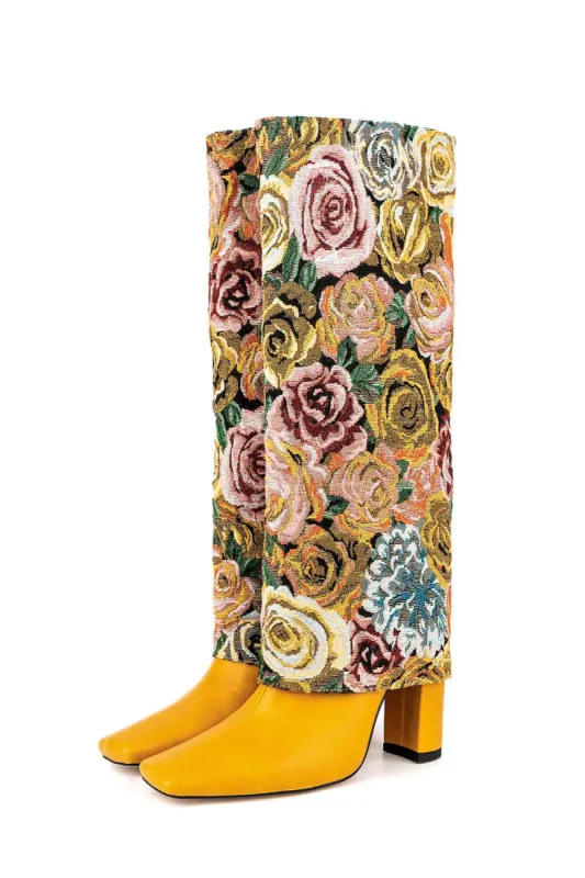 Yellow Floral Folded Knee High Square Toe Block Heel Long Boots sold by Floralkini