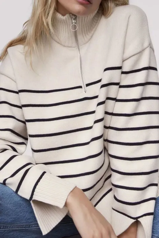 Striped Collared Half Zip Neck Rib Knit Sweater sold by Floralkini