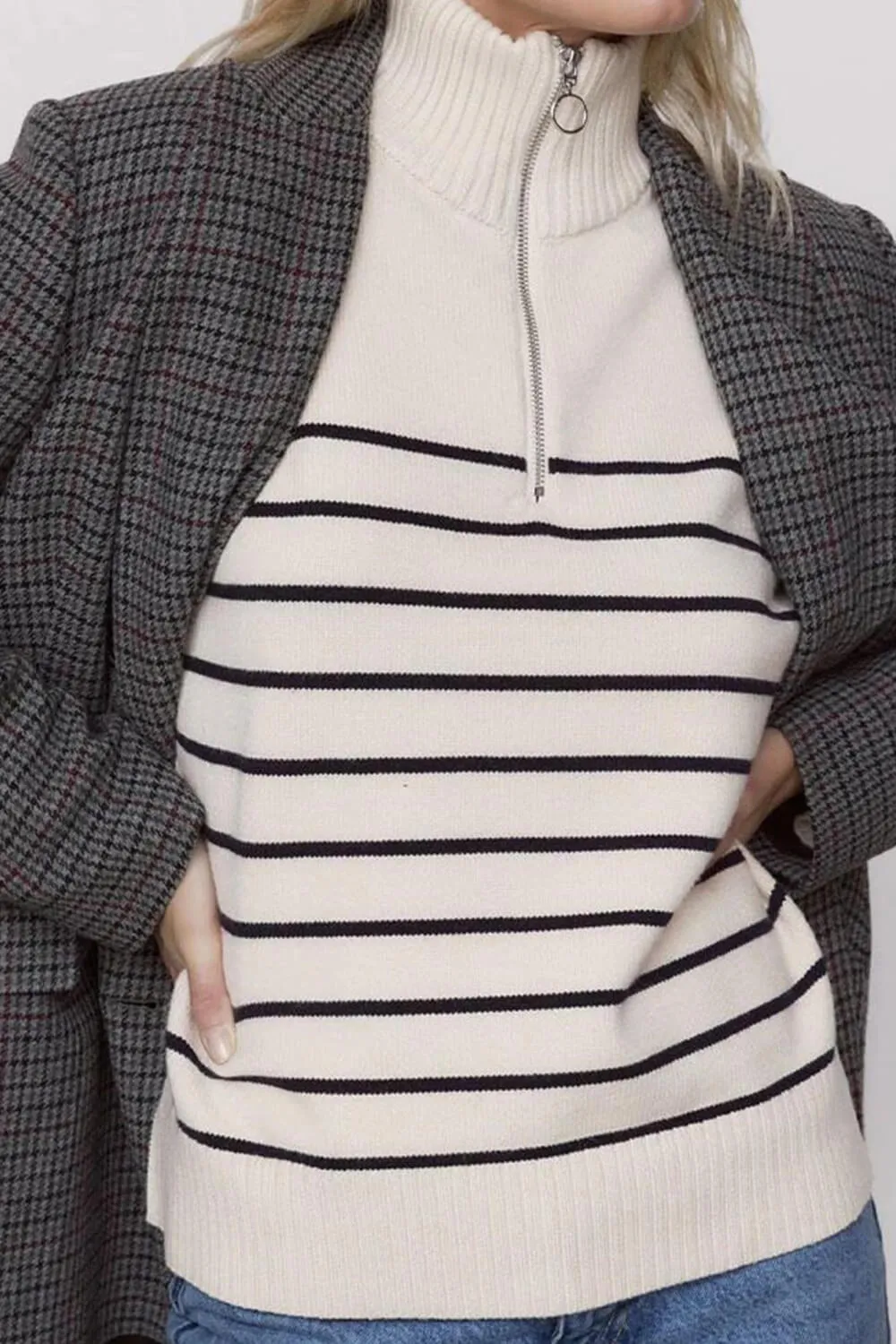 Striped Collared Half Zip Neck Rib Knit Sweater sold by Floralkini product image thumbnail 2