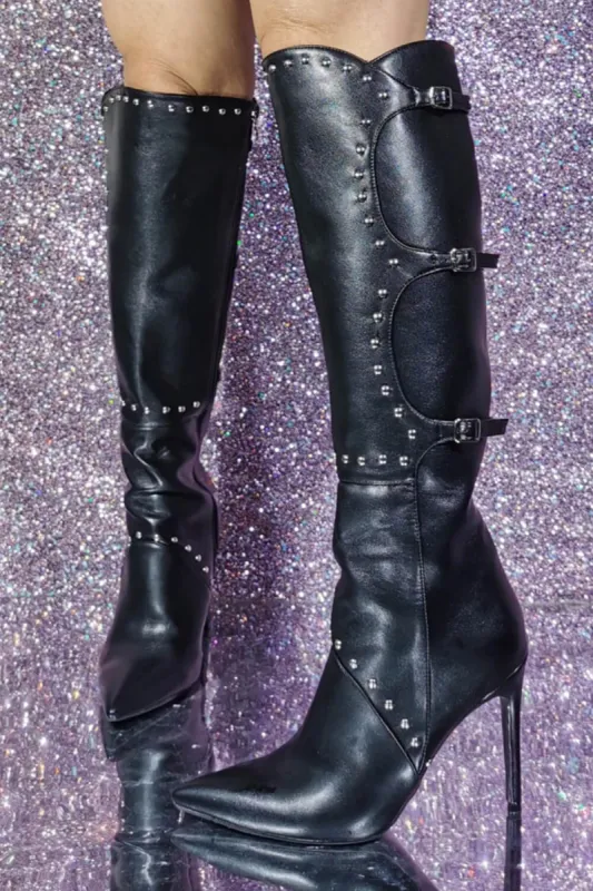 Studded Buckle Detail Pointed Knee High Stiletto Heeled Boots sold by Floralkini