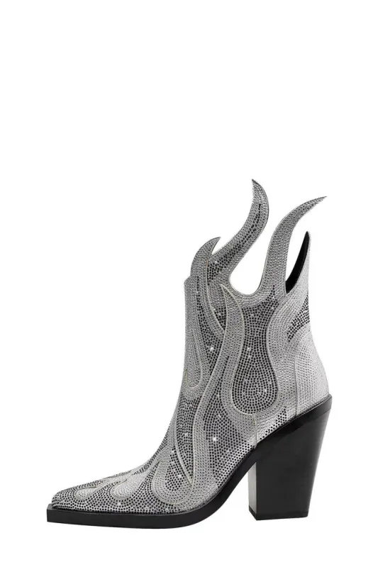 Rhinestone-Embellished Flame Mid-Calf Western Cowboy Pointed Toe Block Heeled Boots - Silver sold by Floralkini