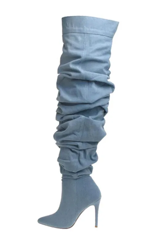Denim Ruched Over-The-Knee Pointed Toe Stiletto Boots sold by Floralkini