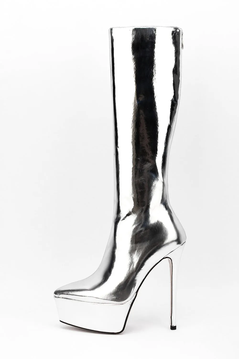 Faux Leather Platform Pointed Toe Knee High Boots - Silver sold by Floralkini product image thumbnail 5