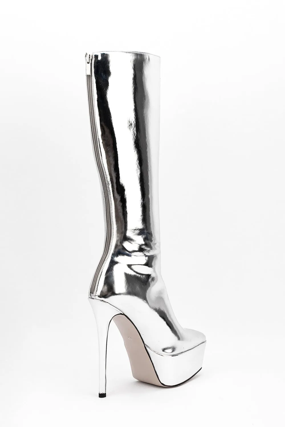 Faux Leather Platform Pointed Toe Knee High Boots - Silver sold by Floralkini product image thumbnail 2