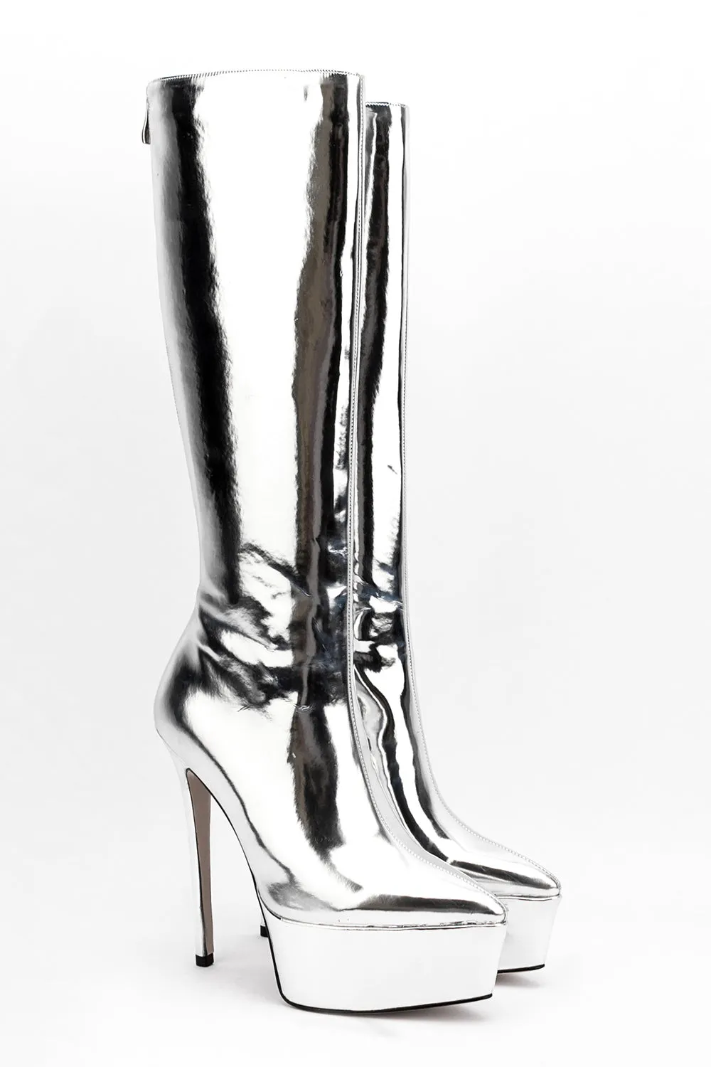 Faux Leather Platform Pointed Toe Knee High Boots - Silver sold by Floralkini product image thumbnail 3