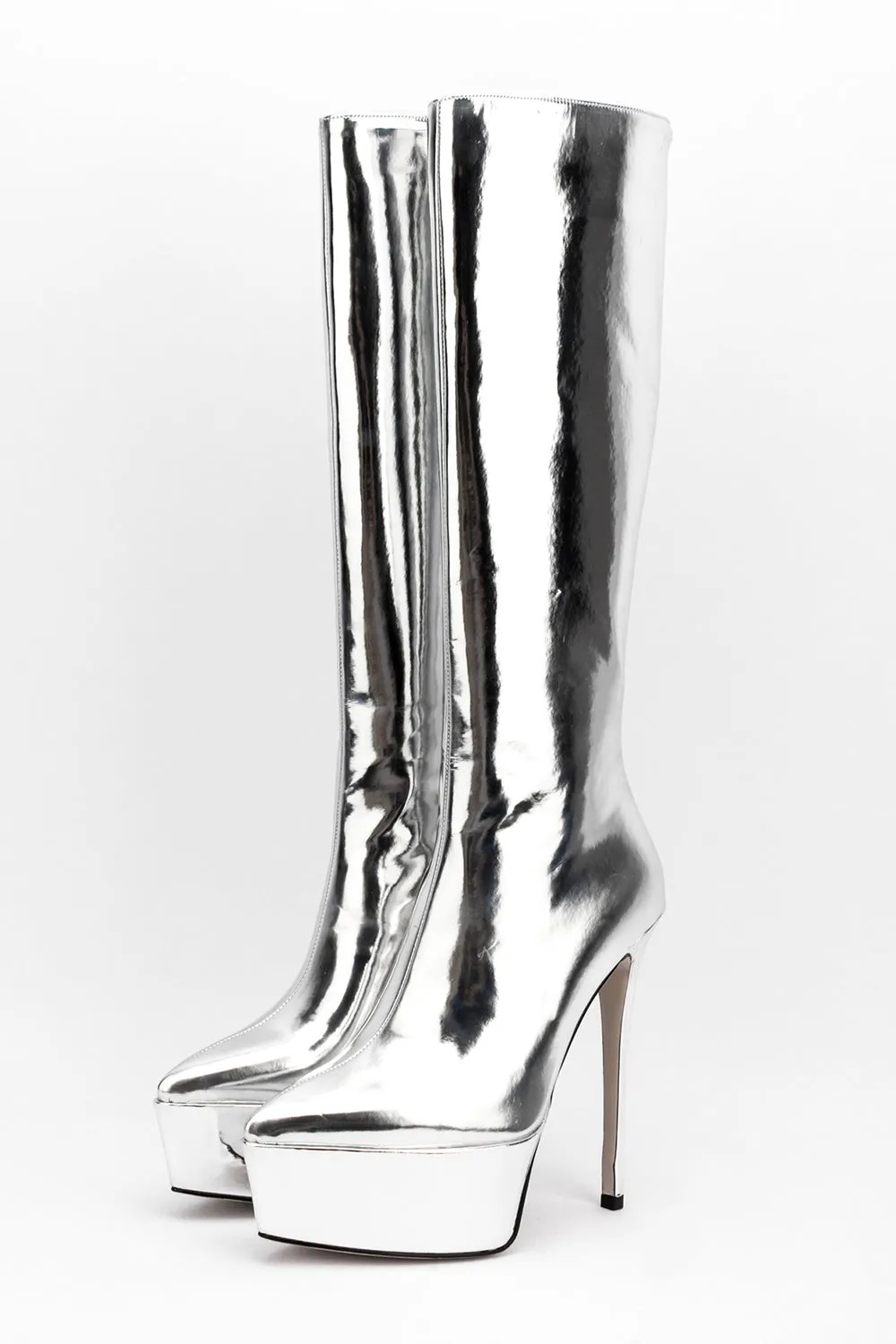 Faux Leather Platform Pointed Toe Knee High Boots - Silver sold by Floralkini product image thumbnail 4