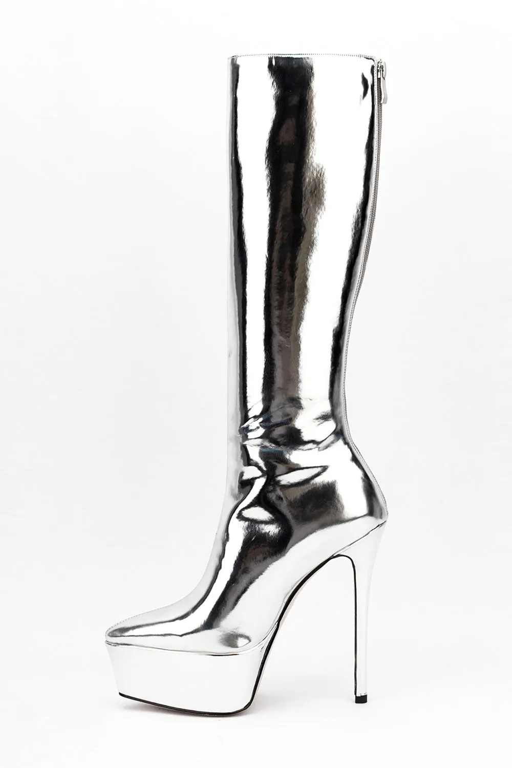 Faux Leather Platform Pointed Toe Knee High Boots - Silver sold by Floralkini
