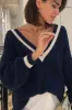 Ribbed Knit V-Neck Oversized Pullover Varsity Sweater - Navy & White sold by Floralkini