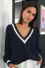 Ribbed Knit V-Neck Oversized Pullover Varsity Sweater - Navy & White sold by Floralkini
