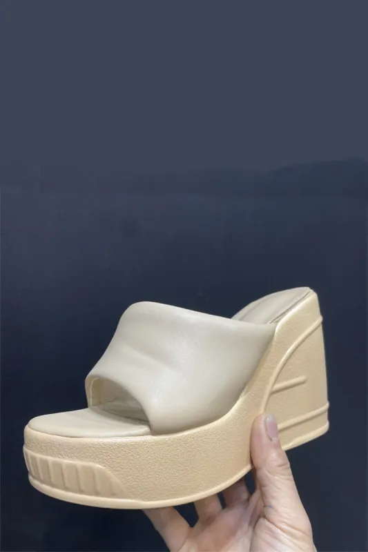 Padded Faux Leather Open Toe Wedge Heeled Mule Sandals - Cream sold by Floralkini