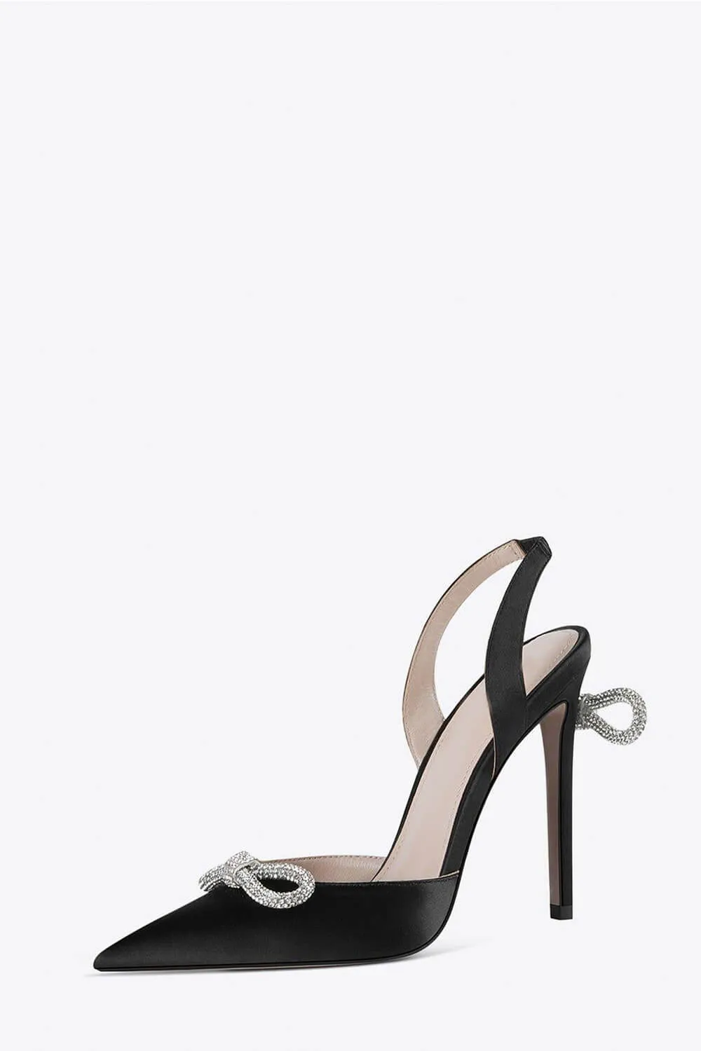 Satin Rhinestone Bow Sling Back Pointed Toe Stiletto High Heel Pumps - Black sold by Floralkini product image thumbnail 4