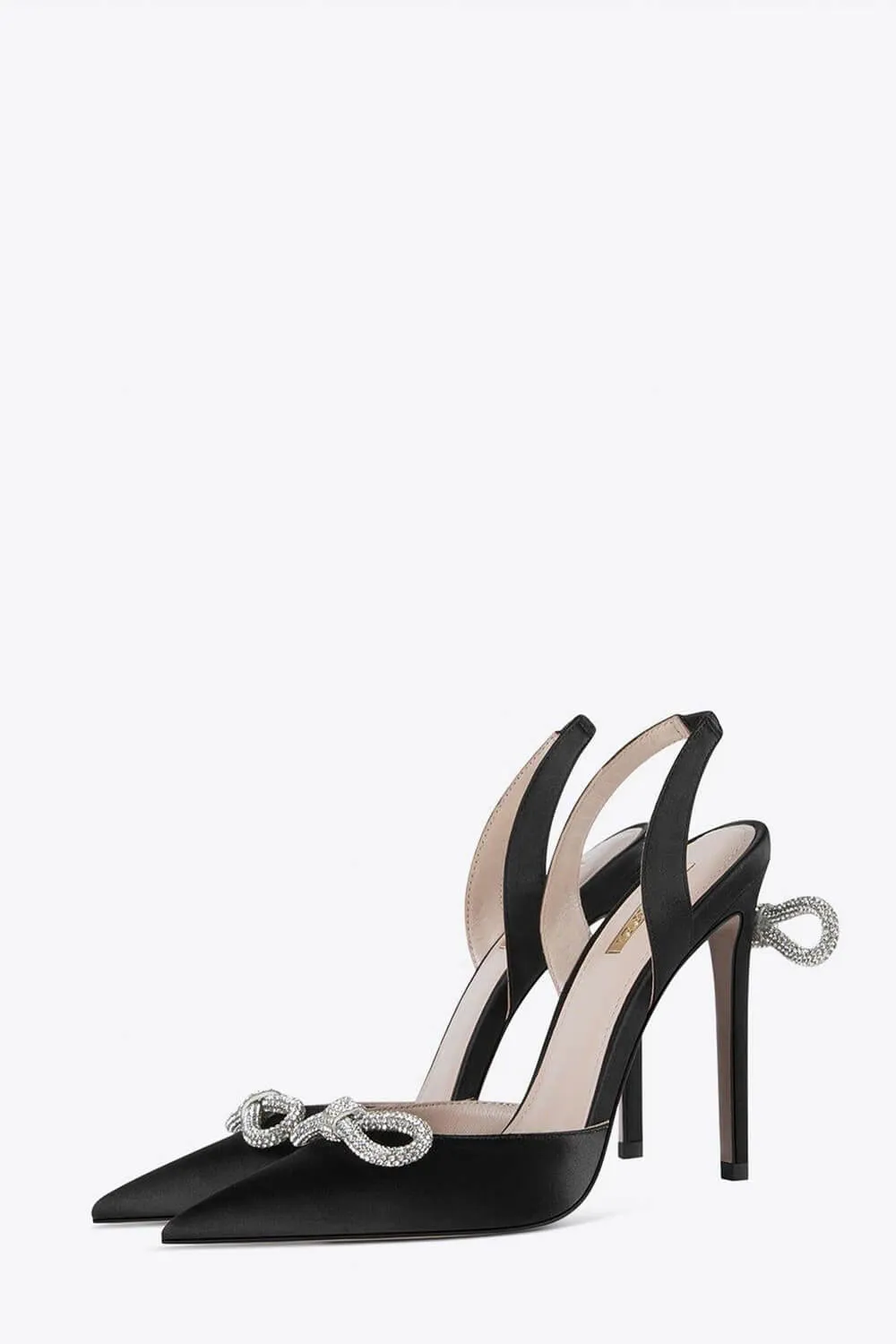 Satin Rhinestone Bow Sling Back Pointed Toe Stiletto High Heel Pumps - Black sold by Floralkini product image thumbnail 5