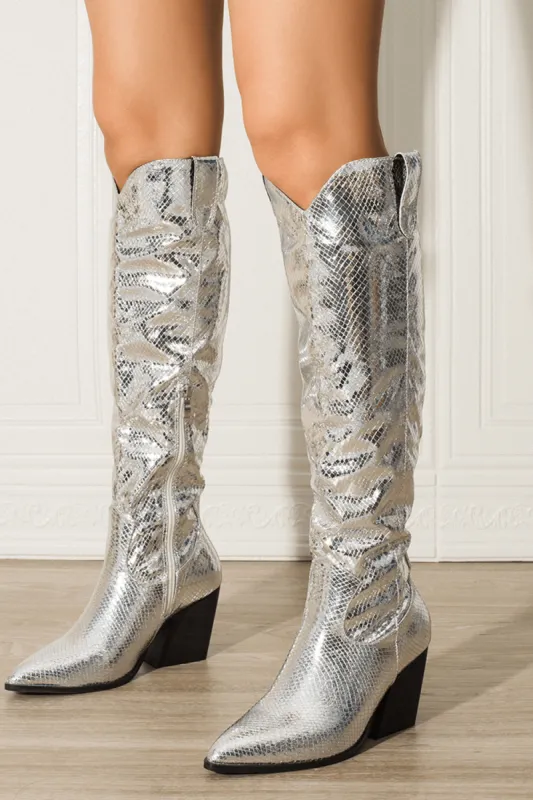 Metallic Python Western Cowgirl Pointed Toe Knee High Boot - Siver sold by Floralkini