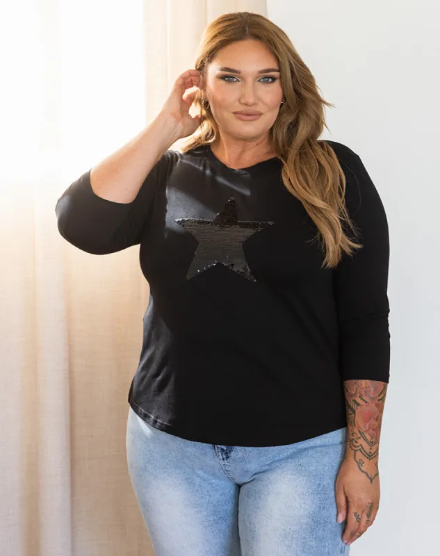 Star Sequin 3/4 Tee - Black sold by Freez