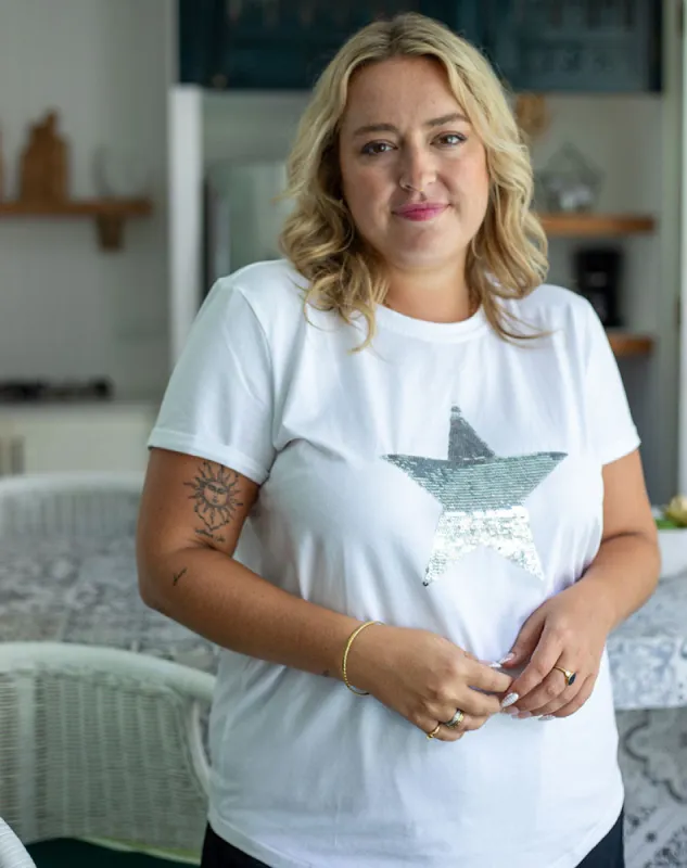 Star Sequin Tee - White/Silver sold by Freez