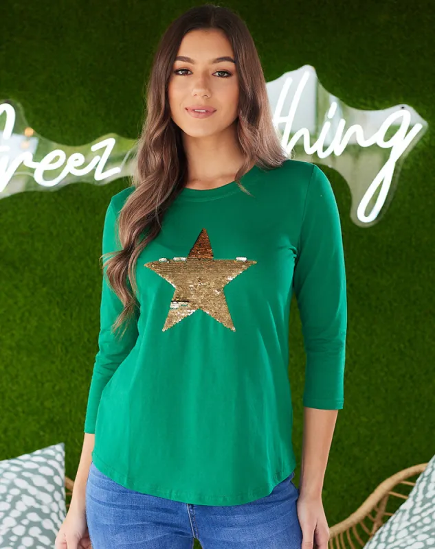 Star Sequin 3/4 Tee - Green sold by Freez