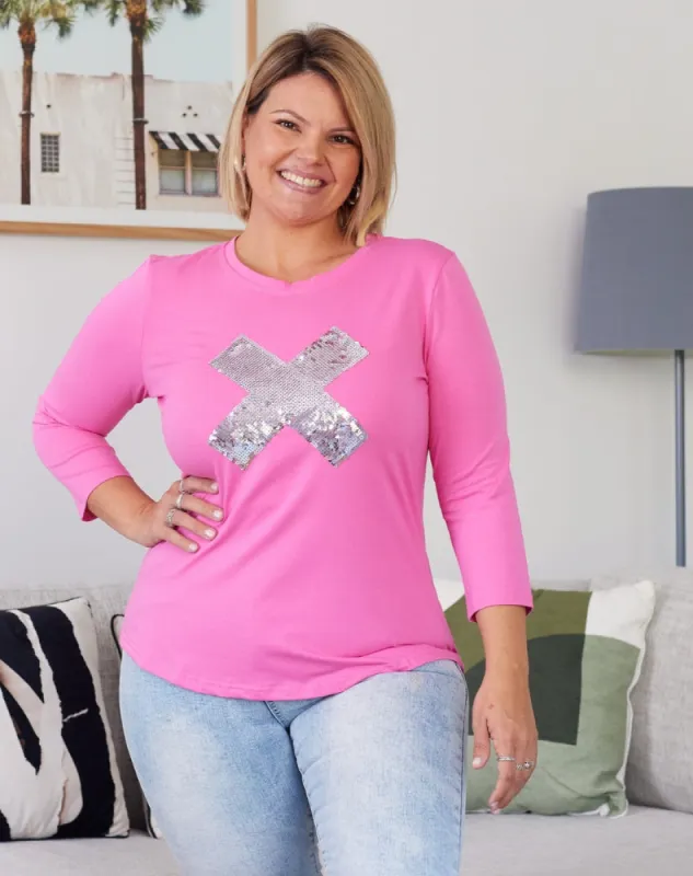 Cross Sequin 3/4 Tee - Pink/Silver sold by Freez