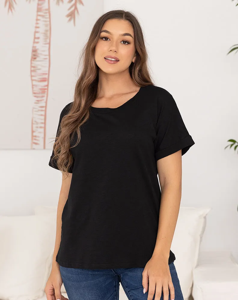 Cotton Roll Sleeve Tee -Black sold by Freez