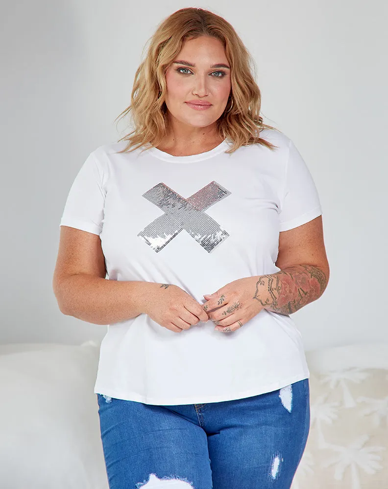 Cross Sequin Tee - White/Silver sold by Freez