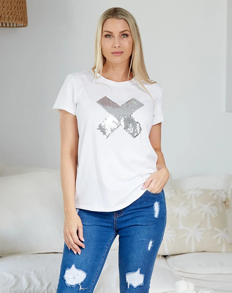 Cross Sequin Tee - White/Silver sold by Freez product image thumbnail 4