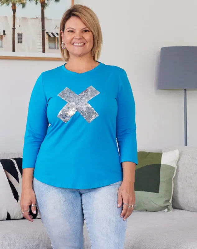 Cross Sequin 3/4 Tee - Blue/Silver sold by Freez