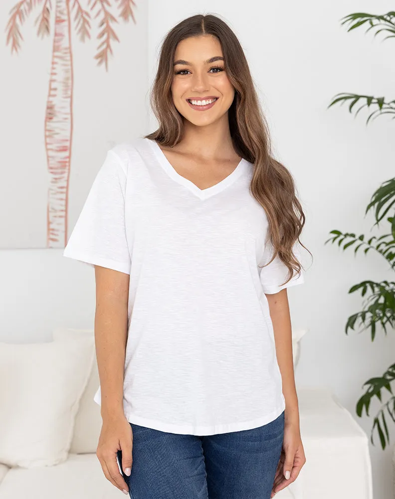 Cotton V Neck Tee - White sold by Freez