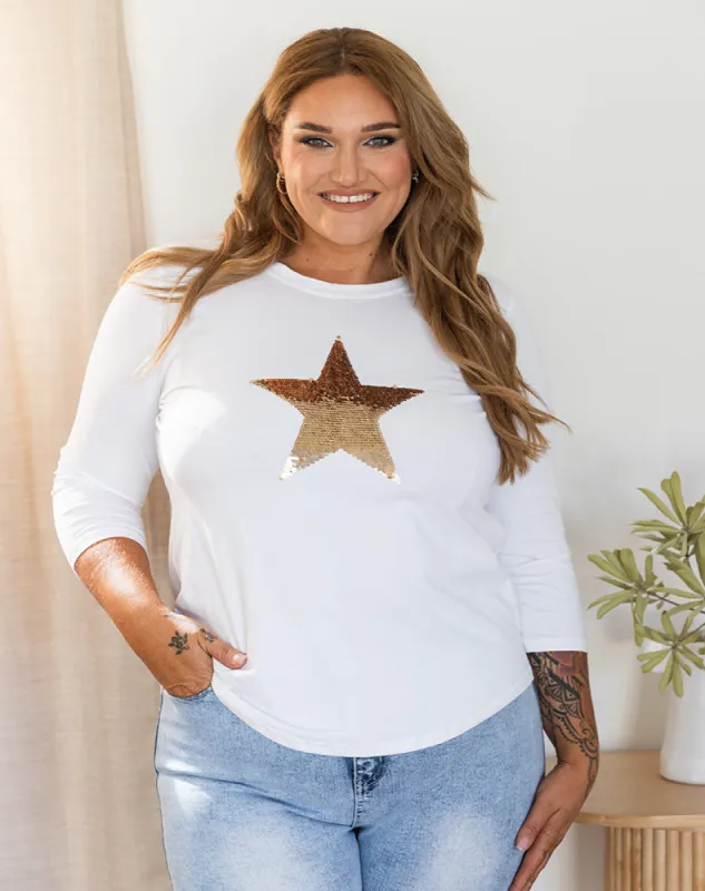 Star Sequin 3/4 Tee - White/Gold sold by Freez
