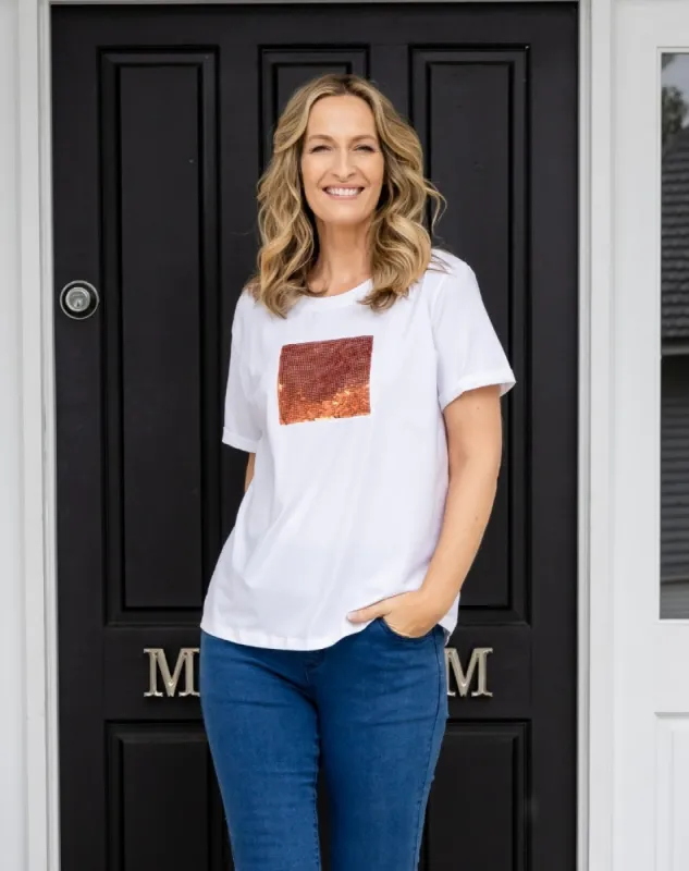 Square Sequin Tee - White sold by Freez