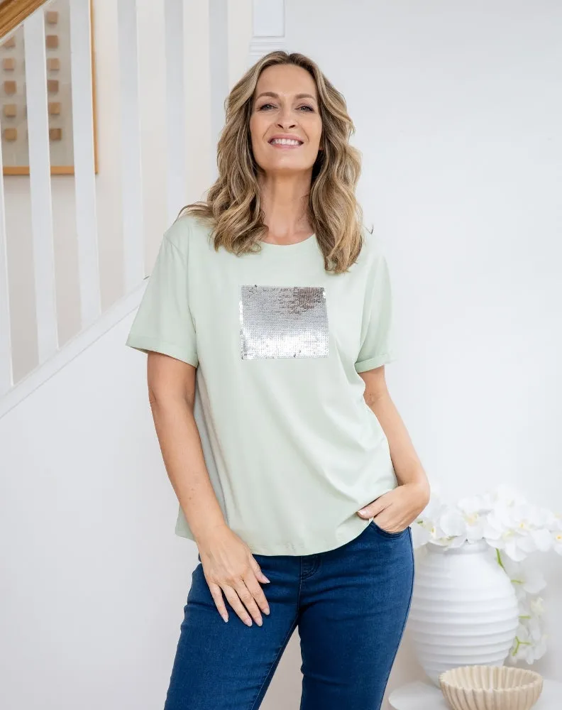 Square Sequin Tee - Sage sold by Freez