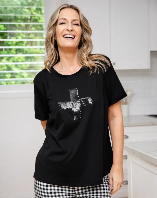 Cross Sequin Tee - Black sold by Freez