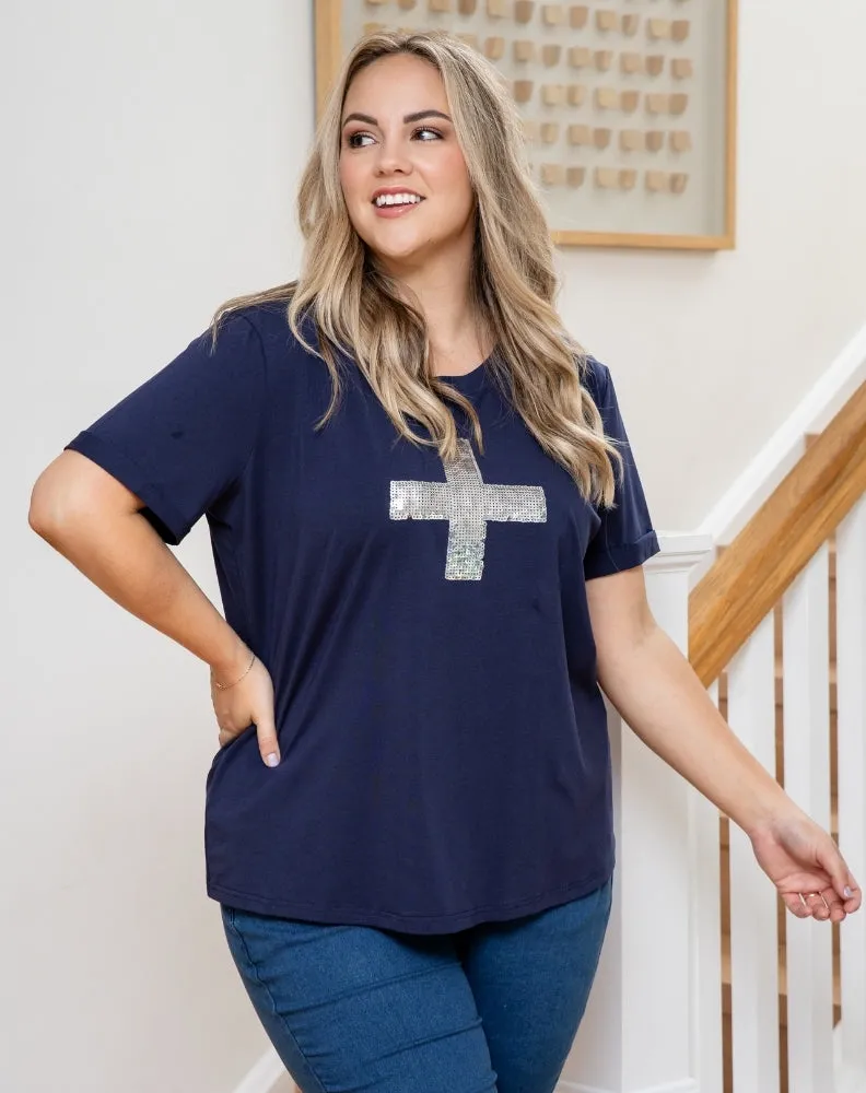 Cross Sequin Tee - Navy sold by Freez product image thumbnail 5
