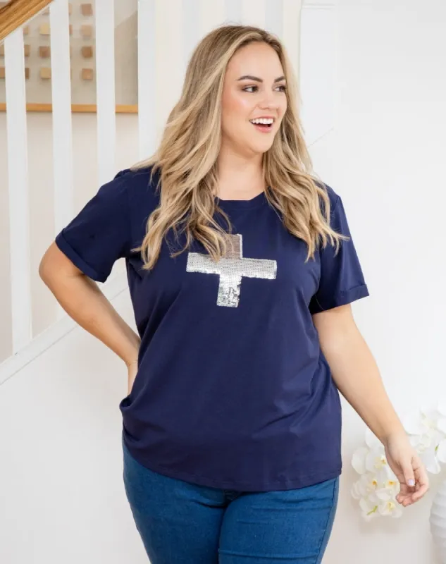 Cross Sequin Tee - Navy sold by Freez