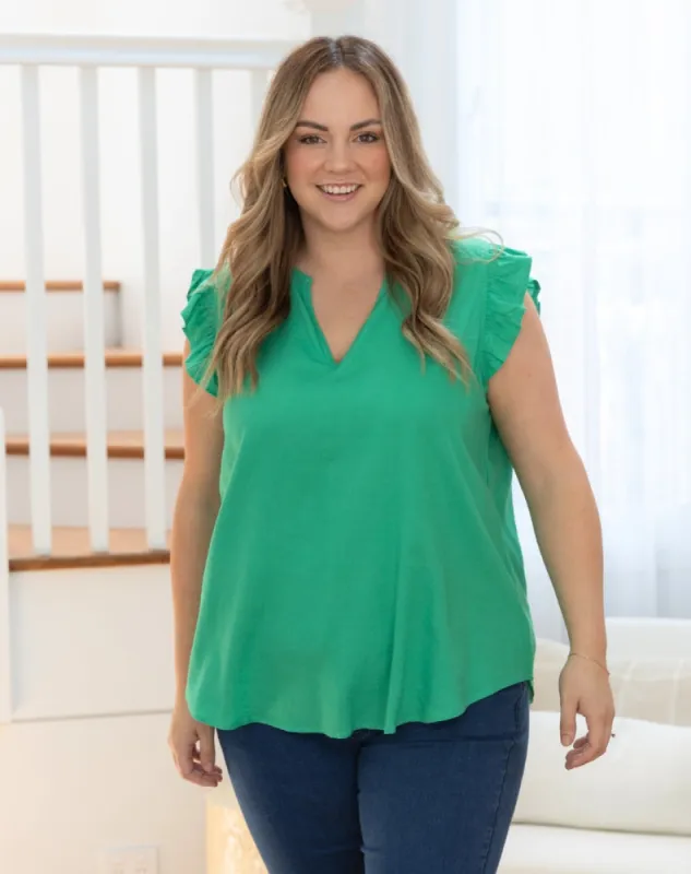 Isla Frill Linen Blend Top - Emerald sold by Freez