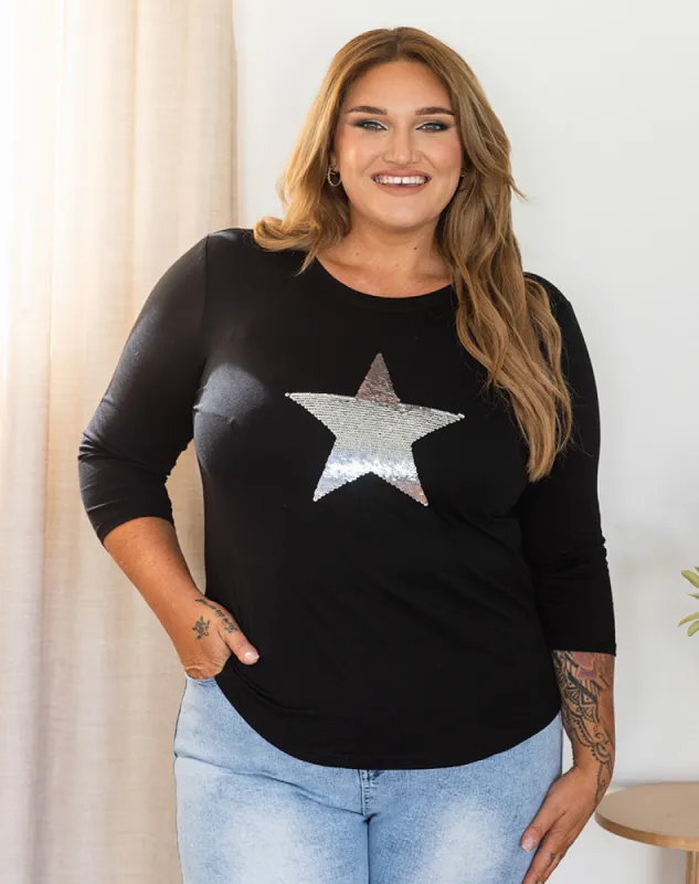 Star Sequin 3/4 Tee - Black/Silver sold by Freez